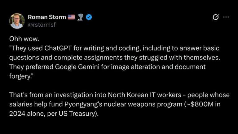 Tornado Cash Founder Says Google, OpenAI Should Share Blame for North Korea