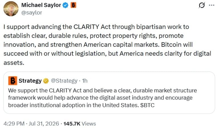 Strategy Inc. and Michael Saylor Throw Weight Behind CLARITY Act for Crypto Rules