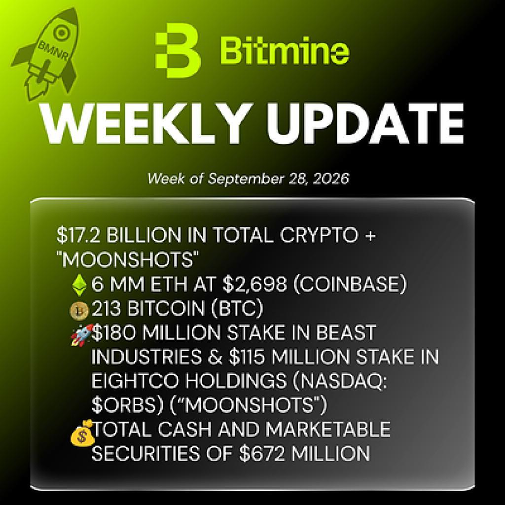 Bitmine Hits $17.2B in Crypto and Cash, Now 4.9% of All ETH