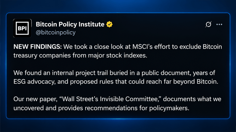 MSCI Index Proposal Could Force $2.8B in Strategy Share Sales, Bitcoin Policy Institute Warns