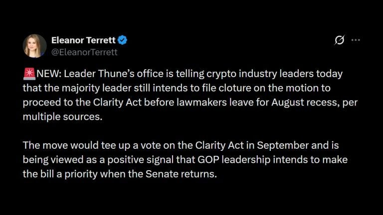 Thune Plans Cloture Vote on CLARITY Act Before August Recess
