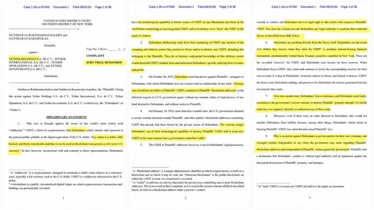 Two Thai Businessmen Sue Tether Over $42.4M USDT Freeze