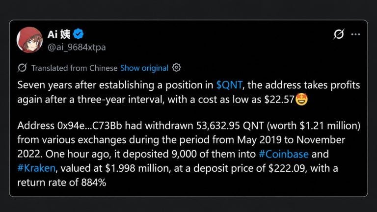 Mbajtësi i Quant zhvendos 2 milionë dollarë në QNT drejt Coinbase dhe Kraken pas një fitimi prej 884%