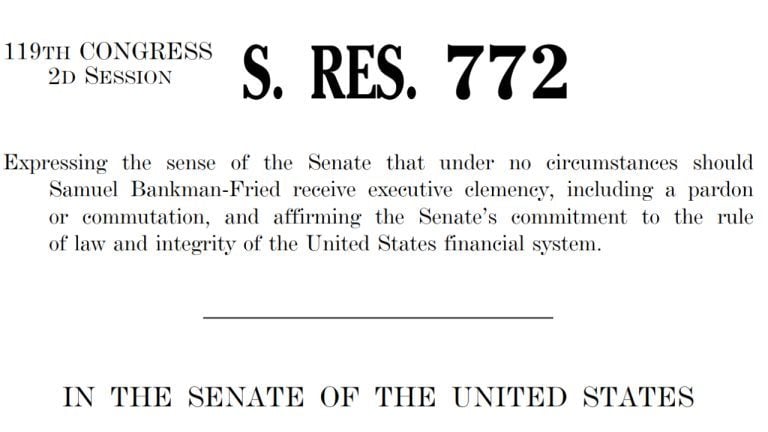 Senate Unanimously Passes Resolution Opposing Pardon for FTX Founder Sam Bankman-Fried