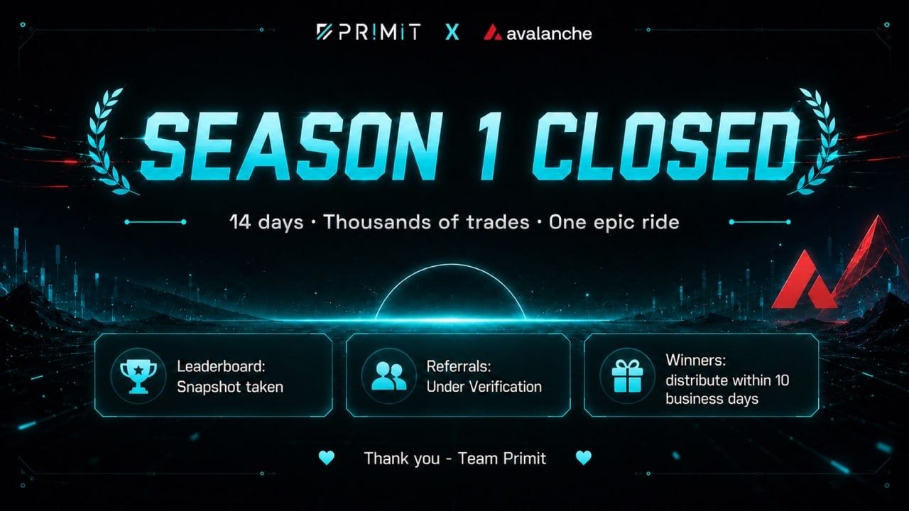 קמפיין המסחר עונה 1 של Primit מחלק 100,000 דולר ל-280 זוכים ברשת Avalanche