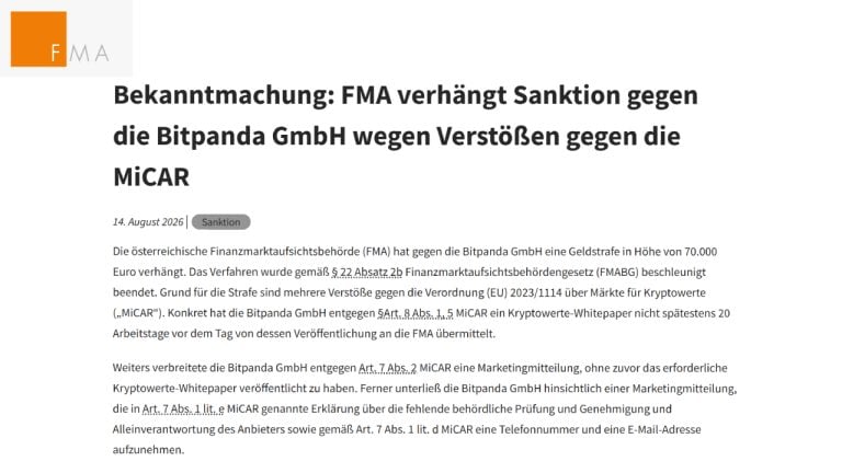 Austria's FMA Fines Bitpanda €70,000 in One of First MiCA Enforcement Actions