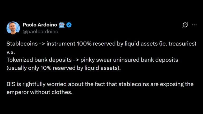 Tether CEO Ardoino: Stablecoins More Trusted Than Tokenized Bank Deposits